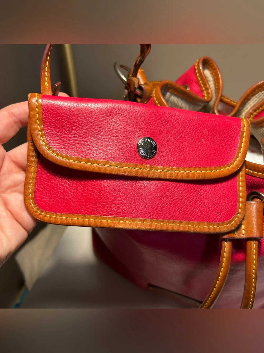 Dooney & Bourke Leather Drawstring Bucket Bag with Pouch in Fuschia Pink